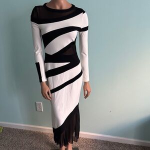 Tendency Elegant Black and White Long Sleeve Dress